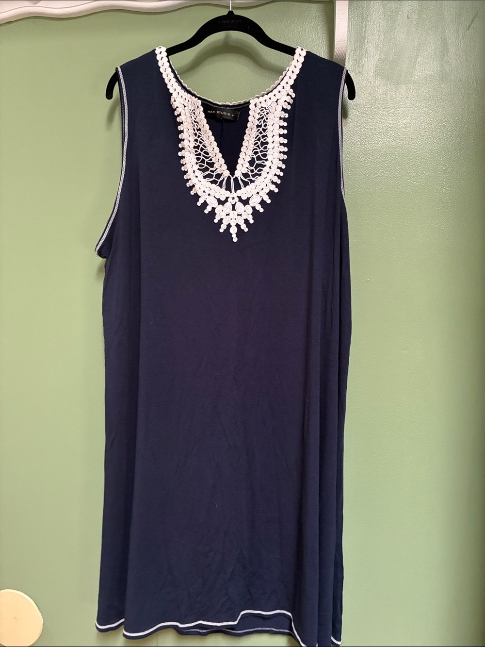 Max Studio Navy Tank Top with White Crochet Neckline
